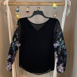 Apt. 9 Black Top with Floral Sheer sleeves. Medium